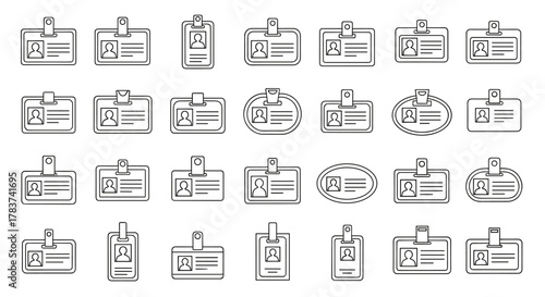Collection of diverse employee ID badge outline icons, featuring editable strokes, perfect for infographics, articles, books, flyers, and banners, presented as a vector cartoon illustration set.