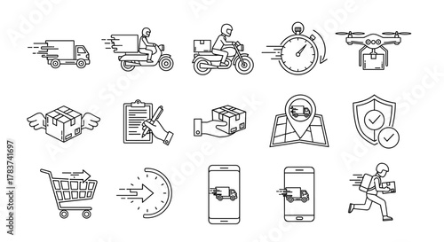 Fast delivery outline linear signs for graphic and web design, apps, adverts, various cards, vector cartoon illustration with a white background. Includes truck, scooter, motorcycle, drone, cart