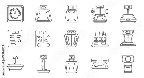 Collection of thin line icons representing various types of scales, including floor scales, digital scales, industrial scales, and bathroom scales, suitable for graphic and web design, apps, and