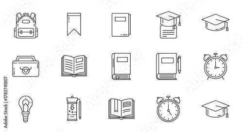 Collection of modern line icons representing school, college, and university life, featuring a backpack, bookmark, closed and open books, graduation cap, alarm clock, light bulb, and a toolbox