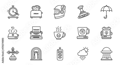A curated collection of unique line art icons, featuring a stopwatch, toaster with toast, motorcycle helmet with thought bubble, bell, umbrella, steaming appliance, typewriter with 'THOUGHT' paper