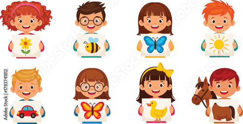 Children art presentation cartoon, kids showing drawings illustration, creative classroom activity vector, educational expression scene, colorful character set, isolated on white background