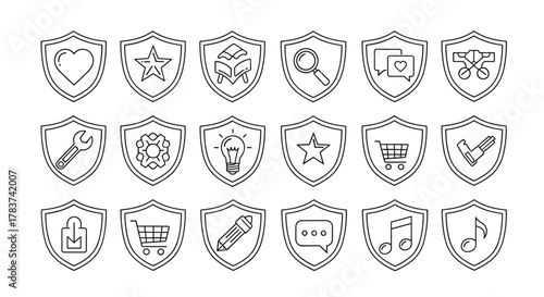 Collection of shield icons with various items inside, including a heart, star, book, magnifying glass, chat bubble, wrench, gear, lightbulb, shopping cart, key, lock, pencil, and musical notes, all