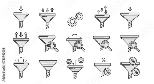 Collection of funnel line icons representing data filtering, analysis, and processing, with variations including gears, magnifying glass, arrows, and percentage symbols, ideal for business and