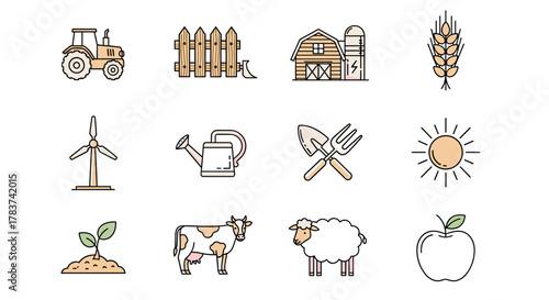Vibrant line icon set representing agriculture and farming, featuring a tractor, wooden fence, barn with silo, wheat stalk, windmill, watering can, garden tools, sun, seedling, cow, sheep, and apple