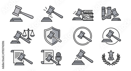 Collection of judicial gavel icons with editable stroke, perfect for infographics, articles, books, flyers, and banners, featuring a cartoon illustration style for legal and business themes.