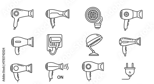 Collection of line art icons representing various hair dryers and related accessories, including vintage and modern designs, a hooded dryer, and a power plug, perfect for graphic design, app