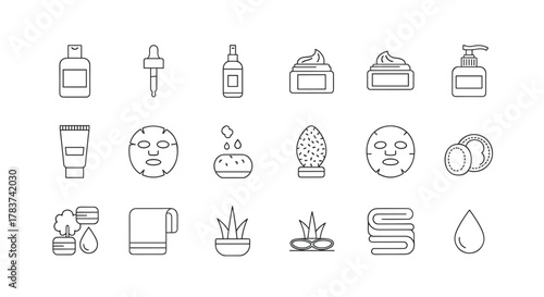 Set of line art icons representing skincare and beauty products, including bottles, jars, serums, face masks, cotton pads, towels, and water drops, perfect for health and wellness graphics, apps, and