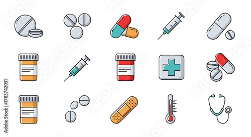 Vibrant and versatile medical icon pack featuring a collection of pills, capsules, syringes, medicine bottles, a first aid cross, a thermometer, a bandage, and a stethoscope, perfect for healthcare