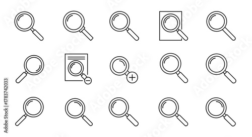 A comprehensive collection of minimalistic linear magnifying glass icons, perfect for web and graphic design, apps, banners, social networks, and cards. This vector set includes various styles and