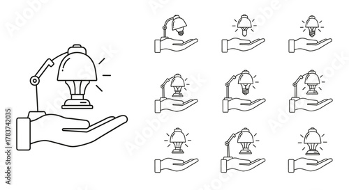 Minimalistic line art icons set of a hand holding a lamp with a glowing lightbulb, representing ideas, innovation, and support. This vector illustration features a clean, modern design suitable for