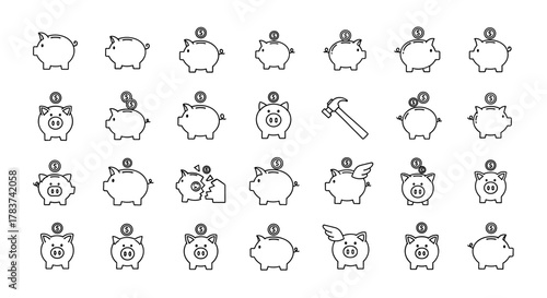 Collection of outline piggy bank icons with editable stroke, perfect for infographics, articles, books, flyers, and banners. Vector cartoon illustrations featuring various piggy bank designs, some