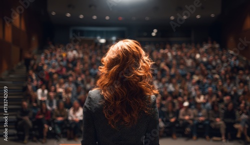 Woman with wavy hair standing on stage facing large, attentive audience in auditorium