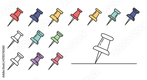 Collection of colorful and outline push pins, thumbtacks, and drawing pins, perfect for school, office, and web design projects. This vector illustration features editable strokes and is suitable for
