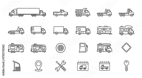 A comprehensive collection of outline vector icons featuring various trucks, motorhomes, campers, and related transportation and service symbols, perfect for graphic design, web development, app