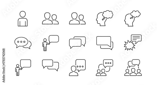 Collection of outline icons representing communication, conversation, and human interaction, featuring single person, pairs, groups, thought bubbles, and various speech bubbles, ideal for web design