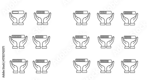 Minimalistic thin line icon set depicting progress bars held over open hands, symbolizing loading, progress, and support. Ideal for web design, app interfaces, banners, social media, and graphic