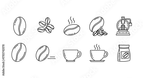 A collection of minimalistic linear pictograms representing the coffee-making process, from beans to a steaming cup and a bag of coffee, perfect for web, graphic design, apps, banners, social