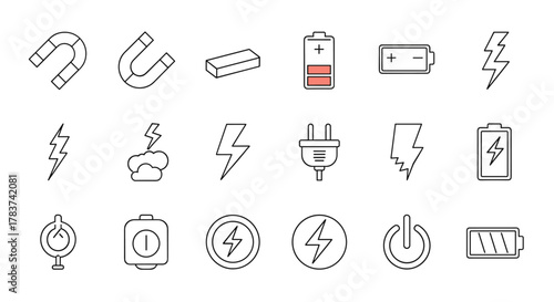 Set of 18 magnet, battery, lightning bolt, power button, and electrical plug line icons. Vector cartoon illustration of energy and electricity symbols for graphic and web design, apps, adverts, and