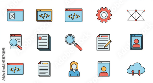 A vibrant collection of web design and programming outline icons, featuring a cancel symbol, code snippets, a gear, a truss structure, a magnifying glass over a document, stacked papers, a document