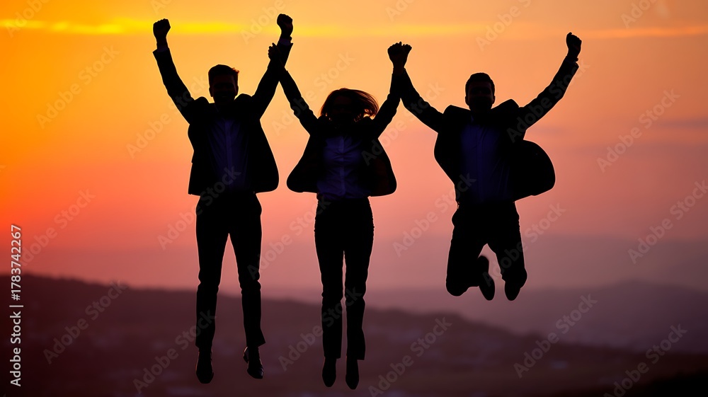 Fototapeta premium Three friends jumping in the air at sunset, celebrating success and freedom