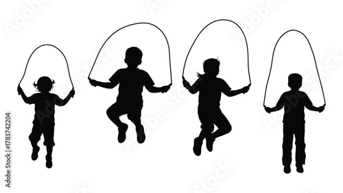 Children jumping rope silhouettes isolated on white background, Vector