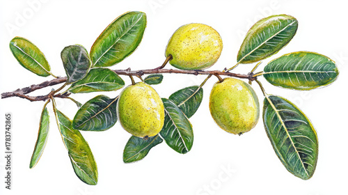 Wallpaper Mural Botanical illustration of a branch with green leaves and ripe yellow fruits. Torontodigital.ca