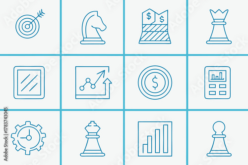 Business and finance icons with chess pieces and charts horse