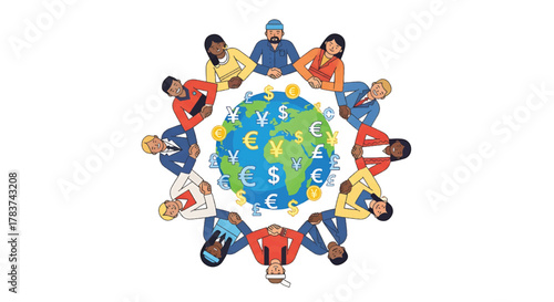 Diverse group of people collaborating around a globe illustrating global finance and business growth