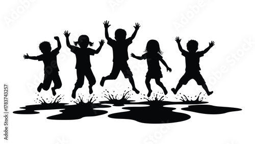 Children jumping in puddles silhouette isolated on white background, Vector