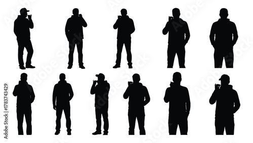 Collection of men's silhouettes vaping or standing isolated on white background, Vector