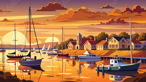 Very beautiful panoramic view of sailboats in the harbor at sunset on Martha’s Vineyard, Massachusetts, USA, featuring warm golden sky, calm water reflections, and a realistic serene coastal atmospher