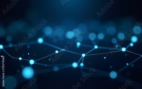 abstract digital network background featuring glowing blue and white dots connected by thin lines, creating a sense of data flow, technology, and connectivity against a dark, blurry backdrop.