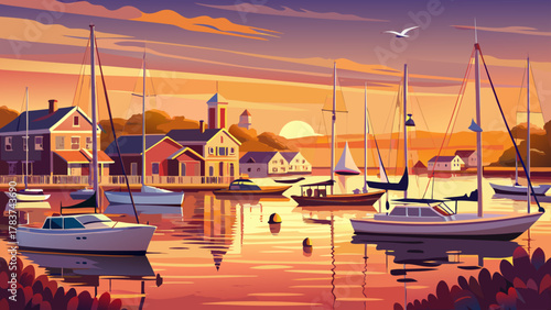 Very beautiful panoramic view of sailboats in the harbor at sunset on Martha’s Vineyard, Massachusetts, USA, featuring warm golden sky, calm water reflections, and a realistic serene coastal atmospher