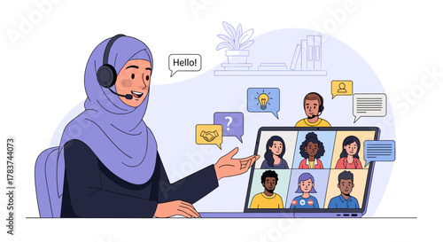 A Muslim woman wearing a hijab and headset hosts a video meeting on her laptop, engaging with clients and colleagues in a diverse online session, symbolizing remote work, customer support, online