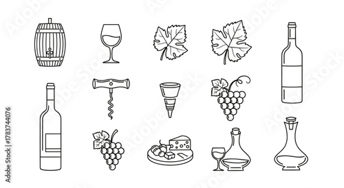 Vector line icons set for wine, including wine barrel, wine glass, grape leaves, corkscrew, stopper, grapes, cheese board, wine bottles, and decanter, perfect for banners, web pages, and mobile