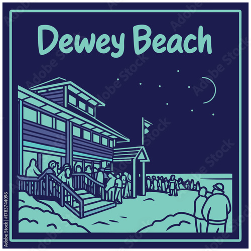 Dewey Beach Night Scene Featuring Two-Story Building, Crescent Moon, and Social Gathering