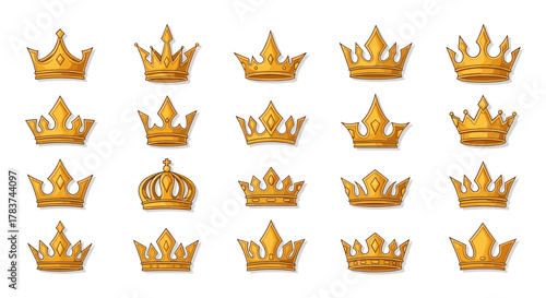Collection of golden crowns, vector cartoon illustrations on a white background, ordered set of royal symbols, regal emblems, luxury and power icons, perfect for design projects and branding