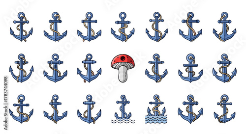 Collection of cartoon anchors with ropes and a red mushroom on a white background, flat vector illustration, nautical theme, maritime symbols, graphic resources, set of icons, clean design, simple