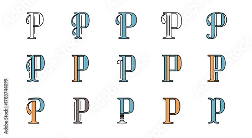 Collection of stylized letter P monograms in various designs, featuring serif fonts and unique decorative elements, presented as a clean vector cartoon illustration on a white background, ideal for