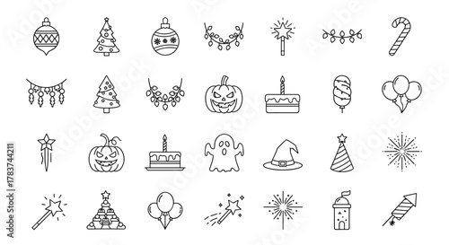 Collection of outline symbols representing holidays and celebrations, including Christmas trees, ornaments, garlands, Halloween pumpkins, birthday cakes, ghosts, witch hats, party hats, balloons