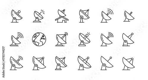 Collection of minimalistic linear pictograms representing satellite dishes and Earth, featuring editable strokes and a clean, modern design ideal for cards, apps, banners, and social media posts