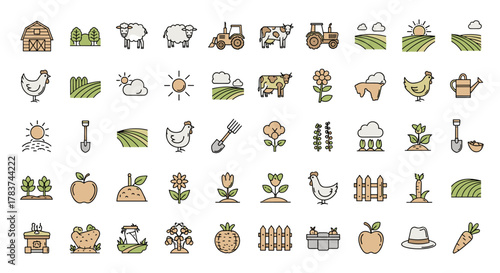 Vibrant Collection of Line Icons Representing Field, Farm, and Garden Elements, Perfect for Apps, Websites, Banners, and Infographics, Featuring a Vector Cart for Diverse Design Applications.
