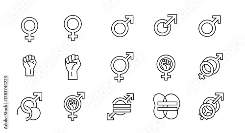 Collection of outline signs representing gender, feminism, and solidarity, including female and male symbols, raised fists, and gender equality icons. These thin line graphics are ideal for apps