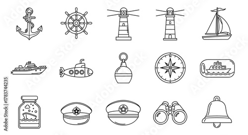 Collection of nautical-themed line icons, featuring an anchor, ship's wheel, lighthouse, sailboat, yacht, submarine, buoy, compass, ship in a bottle, captain's hats, binoculars, and a bell, perfect
