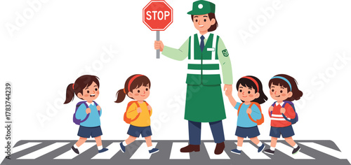 Crossing guard cartoon, children crossing street, school safety illustration, pedestrian awareness vector, traffic control icon, kids with backpacks, educational design, isolated on white background