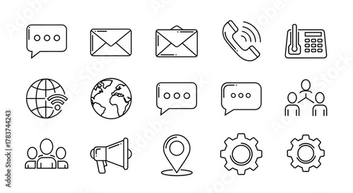 Contact Us and Communication Outline Sign Collection: A versatile set of editable stroke vector icons perfect for infographics, articles, books, flyers, banners, and more, featuring a clean cartoon