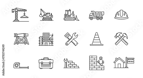 Diverse construction line icon pack featuring editable strokes and minimalistic linear pictograms, perfect for designing cards, apps, banners, and social media posts, presented as a vector cartoon
