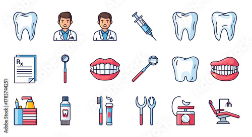 A vibrant and comprehensive set of dental icons, featuring healthy teeth, a friendly dentist, a medical syringe, a prescription form, dental instruments like mirrors and probes, a toothbrush and