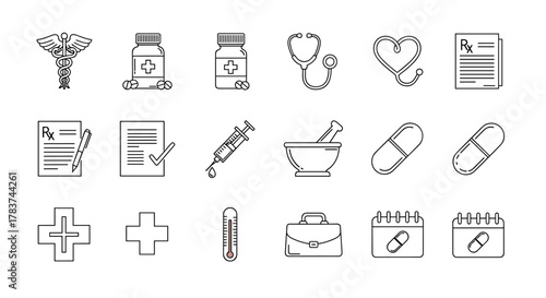 A comprehensive collection of medical and healthcare-related line icons, featuring symbols like the Caduceus, prescription pads, pills, a stethoscope, syringe, mortar and pestle, thermometer, and